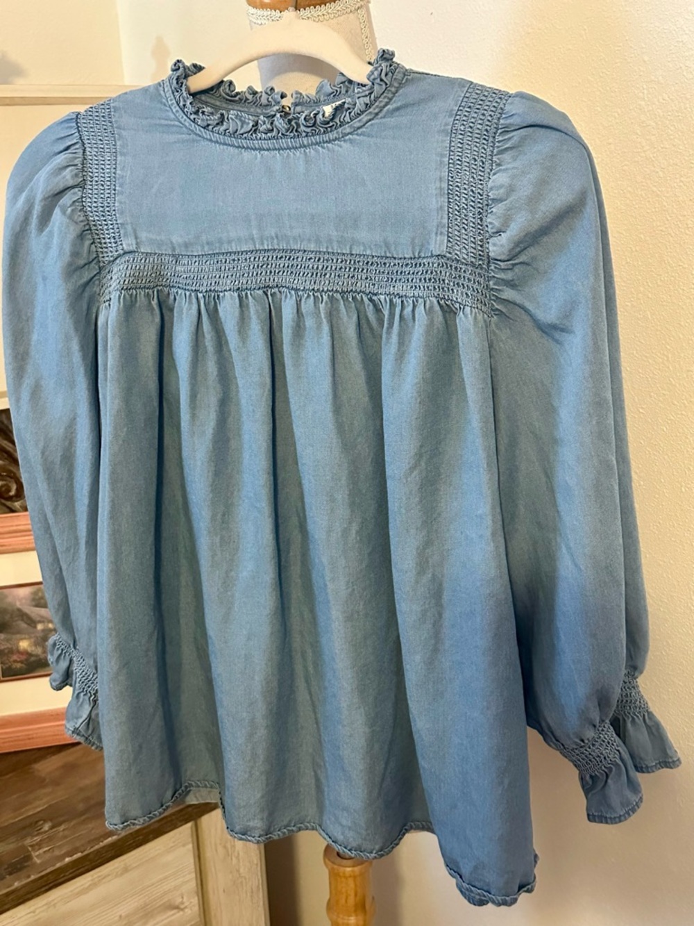 Light Denim Smocked Yoke Tunic Top